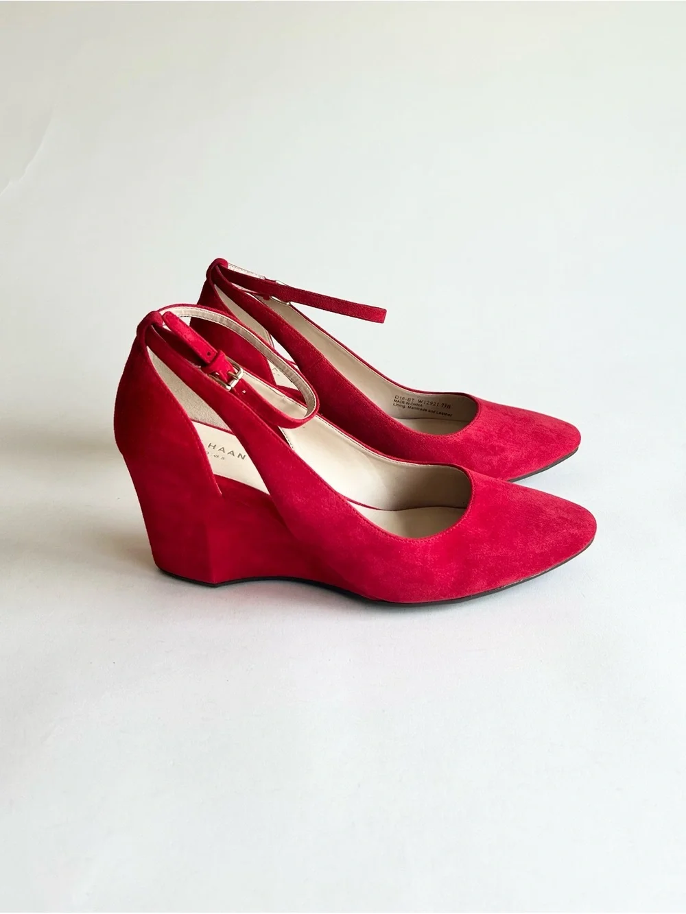 New Cole Haan Red Suede Leather Almond Toe Ankle Strap Wedge Heels size 7.5